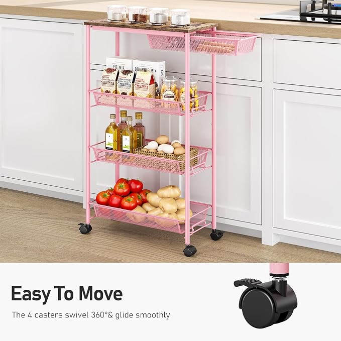 KINGRACK 4-Tier Slim Storage Cart, Metal Rolling Cart, Organizer with Wooden Tabletop and Drawer Basket, Mobile Shelving Unit for Kitchen, Bathroom, Laundry Room, Pink - Image 6