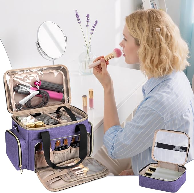 GDNasist Large Makeup Bag, Portable Travel Makeup Bag Organizer | Cosmetic Travel Bag for Women Girls with 2 Removable Pouches & Detachable Dividers, Toiletry Bag for Makeup and Hair Supplies - Image 5