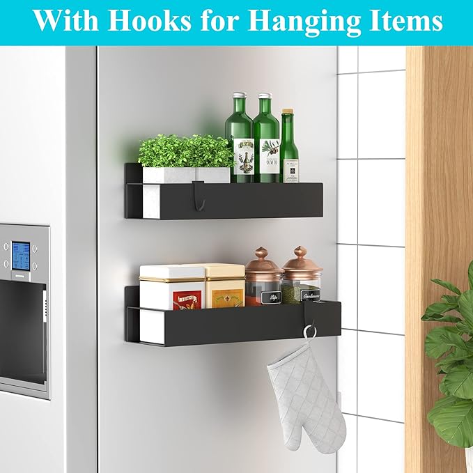 HuggieGems Metal Magnetic Spice Rack for Refrigerator2 Pack Black | Magnetic Shelves Heavy Duty for Fridge in Kitchen, Seasoning Storage Organizer, For Oven Washer and Dryer, For Heavier Items - Image 2
