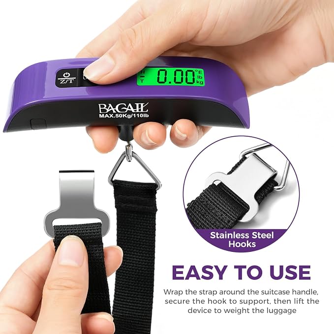 BAGAIL Digital Luggage Scale, 110lbs Hanging Baggage Scale with Backlit LCD Display, Portable Suitcase Weighing Scale, Travel Luggage Weight Scale with Hook, Strong Straps for Travelers - Image 4