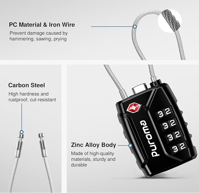 Puroma 1 Pack TSA Approved Luggage Locks 4 Digit Code Cable Lock Black | Resettable, Flexible Cable, Zipper holes, Zinc Alloy, Bright Color, Large White Numbers, Suitcase Train Travel, laptop bag - Image 6