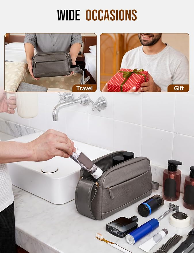 PU Leather Toiletry Bag for Men - Water Resistant Travel Bag for Toiletries, Bathroom Essentials, Accessories - Grey - Image 6