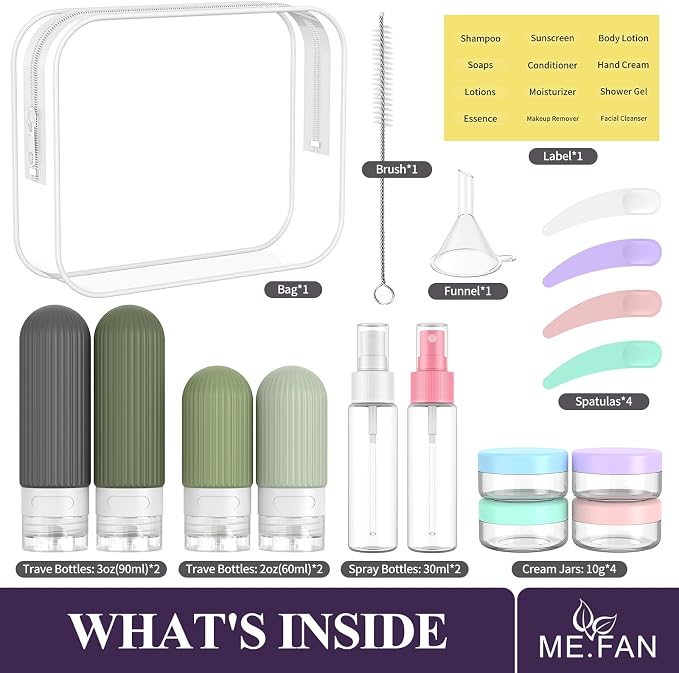 ME.FAN Travel Bottles for Toiletries,18 Pack Silicone Portable Size Bottle, TSA Approved Refillable Cosmetic Container Kits for Conditioner, Shampoo, Lotion,Face Cream - Desert Sage - Image 2