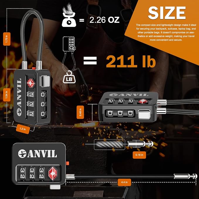 ANVIL TSA Locks for Luggage with Search Alert: Durable Cable Combination Locks, TSA Approved - Secure Travel Locks for Suitcases, Backpacks & Gun Cases (2, Black) - Image 5