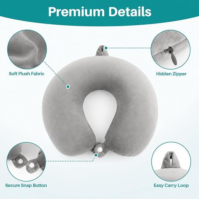 RAINFLOW Airplane Neck Pillow - Memory Foam Travel Pillow for Sleeping Grey | U-Shaped Adult Neck Support Pillow with Washable Cover for Long Flights, Plane Travel, Portable Rest & Head Support Cushion - Image 3