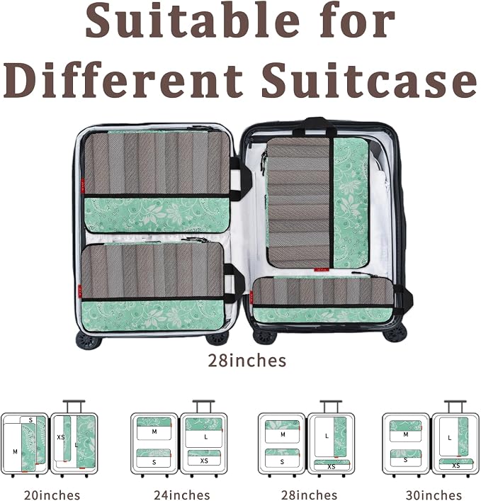U+U 4 Set Compression Packing Cubes, Travel Organizers (Green Paisley) | Space-Saving & Lightweight Travel - Image 6