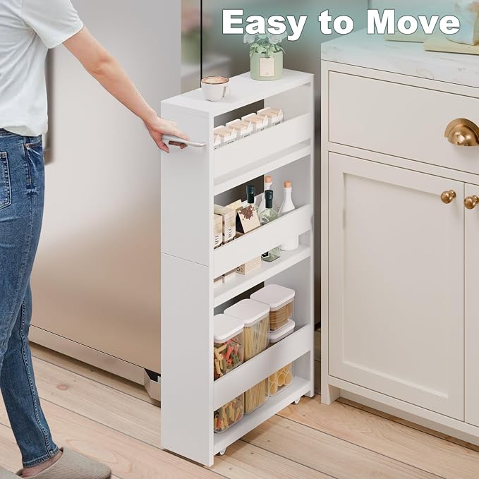 MARTY Slim Rolling Storage Cart, Wood Utility Kitchen Bathroom Laundry Cart | 4 Tier Kitchen Cart with Wheels Handle, Laundry Room Organization, Narrow Bathroom Storage Cabinet, 5.5" Wide Storage Trolley - Image 2