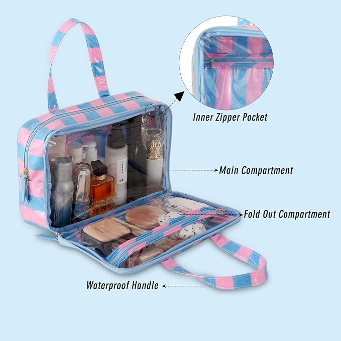 Toiletry Bag for Women, Pink and Blue Stripe | Clear Coated,Waterproof,Multiple Compartment,Open Flat,Handle,Travel Organizer for Shampoo,Conditioner,Cosmetic Accessories - Image 2