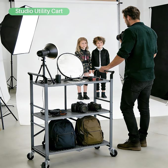 SNTD 3 Tier Rolling Cart, Metal Utility Cart on Wheels, Grey | Foldable Cart with wheels, Lockable Casters, Storage Cart for Kitchen, Office and Garage, Easy and Quick Assembly - Image 9