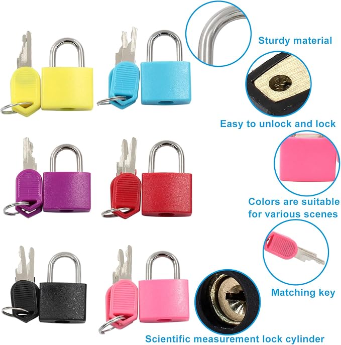 Waziaqoc 6 Pcs Luggage Locks with Keys | Small Suitcase Padlock, Mini Metal Padlock, For Travel Bags, School Gym Locker, Toolbox - Image 4
