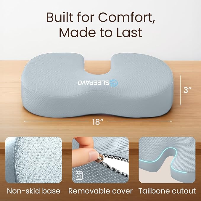 Office Chair Cushion - Seat Cushion for Tailbone Pain Relief - Butt Pillow for Coccyx, Sciatica, and Lower Back Pain - Orthopedic Chair Pad for Lumbar Support in Office Desk (Gray) - Image 3