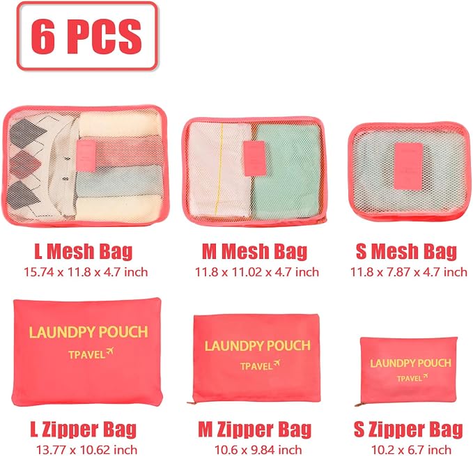 6 Set Packing Cubes for Travel Luggage Organizer Bags Reusable washable Suitcase Packing Cubes Set Travel Accessories Essentials (Watermelon Red‌) - Image 2