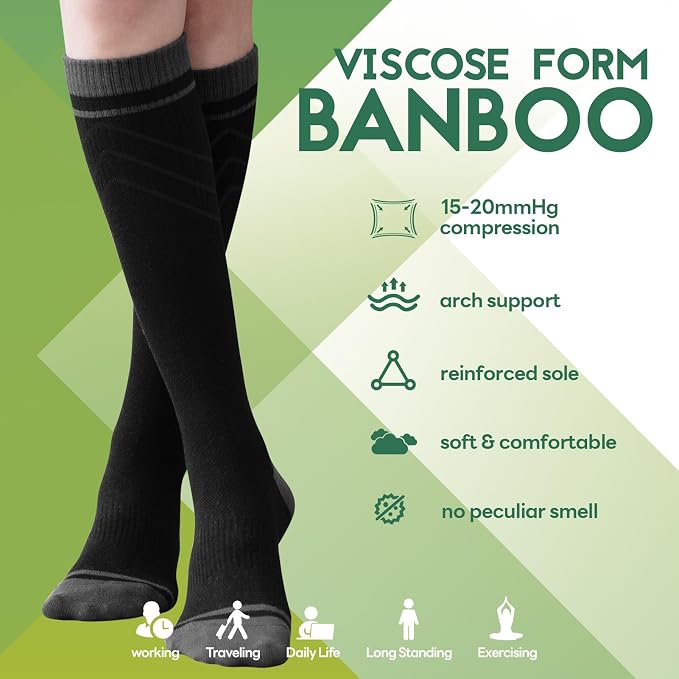 SONORAN Bamboo Viscose Compression Socks for Women & Men (3 Pairs) 15-20 mmHg Knee High Support for Nurses, Travel, Pregnant - Image 5