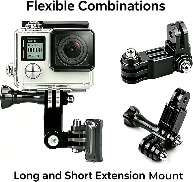 Universal Action Camera Accessories Kit: Curved/Flat Mount, Quick Release Buckle, J-Hook Buckle, 3-Way Pivot Arms, Tripod Adapter, Curved Extension Arm and etc, Action Camera Basic Adapter Kit - Image 3