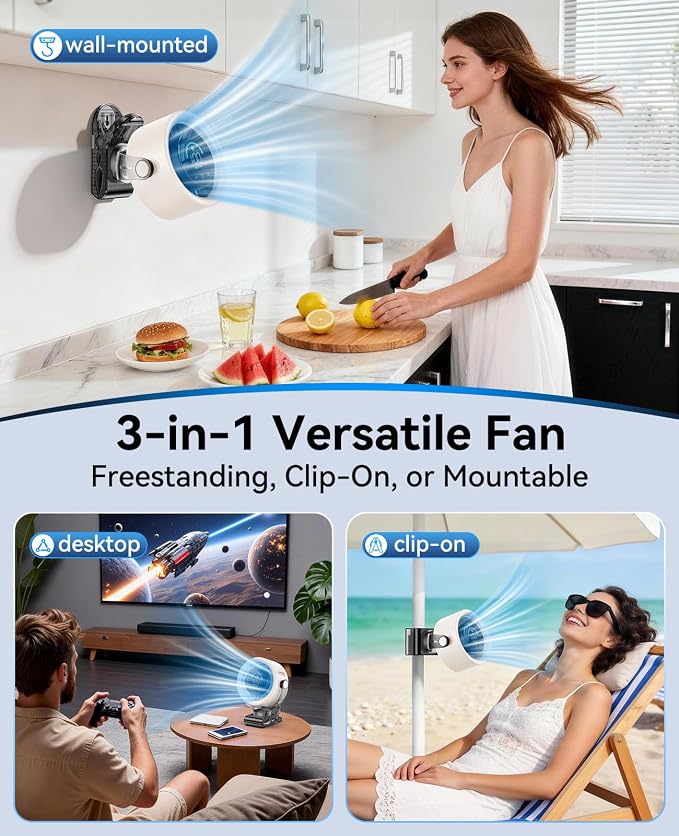 KIMMOO 4000mAh Rechargeable Portable Clip on Fan-100-Speed Touch Control, LED Display, 360° Rotate Quiet Turbo Desk Fan, Small Battery Operated USB Fan for Stroller Bed Travel Camping Golf Gym (White) - Image 5