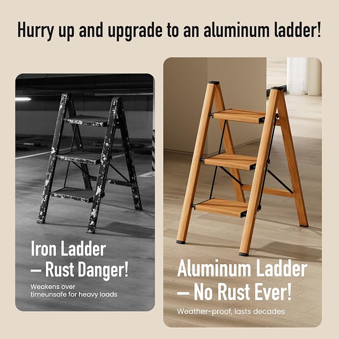 Mayi Plus 3 Step Stool Foldable, Aluminum, Lightweight Step Ladder | Extra-wide anti-slip folding steps with 330 lbs, for home,kitchen,office,outdoor,Woodgrain - Image 3