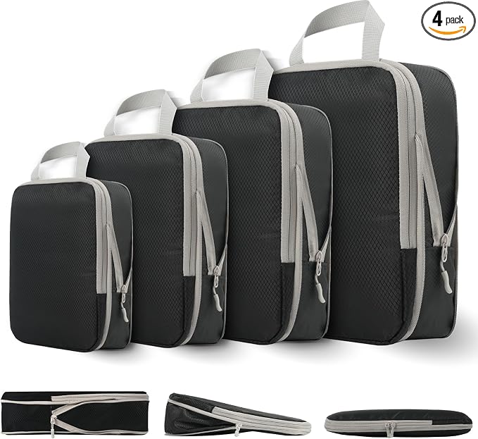 Compression Packing Cubes for Travel, 4 Set Expandable Packing Organizers, Lightweight Luggage Organizer Bags, Travel Essentials for Carry on, Handy Helper for Organizing Clothes，Black by Unknown