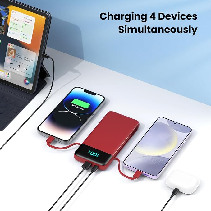 Portable Charger for iPhone,13800mAh Slim Power Bank with Built-in Cables & AC Wall Plug,All in One 4 Outputs USB C Fast Charging Battery Pack Travel Essential for iPhone 17/16/15/14,Android (Red) - Image 6
