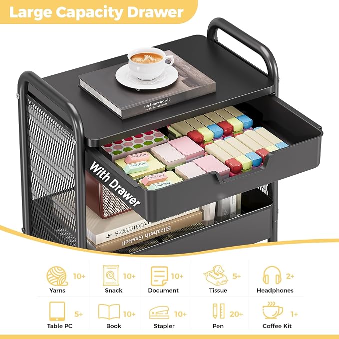 KINGBOARD 3 Tier Metal Rolling Cart with Drawer, Black Utility Storage Cart | 2 Cups & 4 Hooks, Lockable Wheels, Trolley Organizer for Bathroom, Kitchen, Office, Nursery, Dorm, Laundry, Craft Room - Image 3