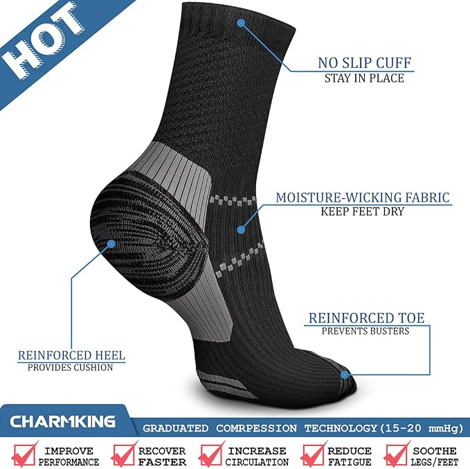 CHARMKING 6 Pairs Crew Compression Socks for Women & Men Circulation 15-20 mmHg is Best for All Day Wear Running Nurse - Image 5