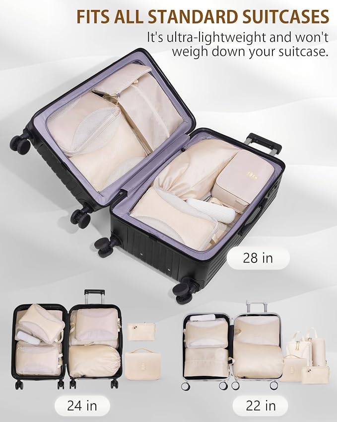 12pc Compression Packing Cubes for Suitcases, Expandable Travel Organizer Bags Set for Luggage, Lightweight Carry On Essentials, Beige - Image 9