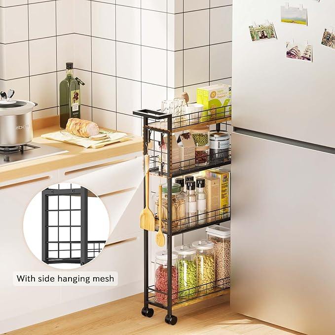 LASZOLA Slim Storage Cart Narrow Shelving Unit with Wheels, 4 Tier | Utility Cart Organizer with Handle, Skinny Rolling Trolley for Small Space Kitchen Bathroom Laundry, Black and Rustic Brown - Image 7