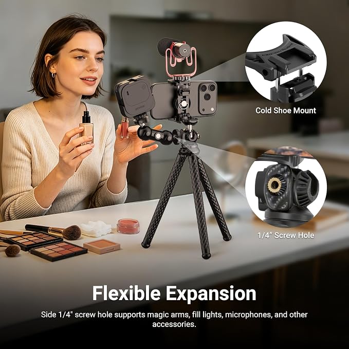 NEEWER Flexible Phone Tripod, Small Mini Camera Webcam Desk Stand, Phone Holder & Action Camera Mount Adapter Compatible with iPhone GoPro DJI Pocket 4 3 Xtra Muse Insta360 for Video Recording, TP34 - Image 8