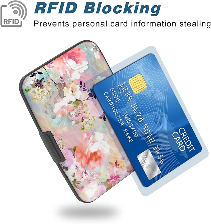 Credit Card Holder, Mini Aluminum Card Wallet RFID Blocking Slim Metal Hard Card Case for Women Men, Pink Flowers - Image 2