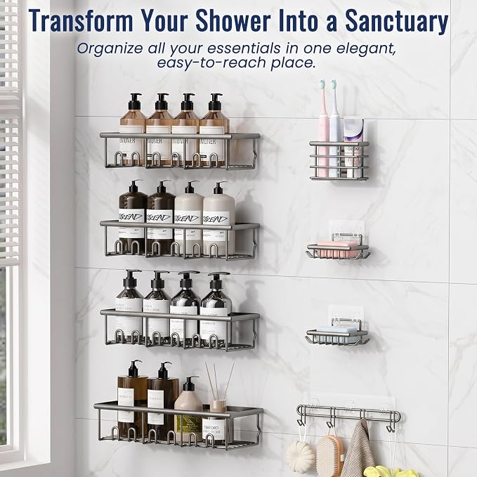 8 Pack Adhesive Rustproof Shower Caddy with Soap Dishes, Toothbrush Holder & Hooks, Large Capacity No-Drilling Shower Shelves Rack for Bathroom Organizers and Storage Accessories, Dark Gray - Image 3