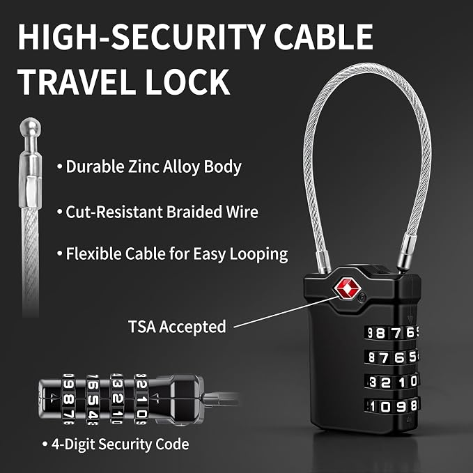 XOOL 2PCS TSA Approved Luggage Locks 4 Digit with Flexible Steel Cable, Resettable Luggage Padlock for Suitcases, Backpacks, Gym Bags & Travel Use - Image 6