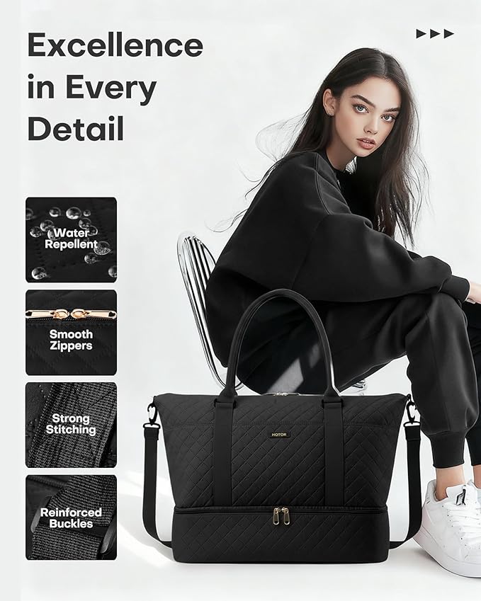 HOTOR Travel Duffel Bag - Weekender Bags for Women, Carry On Gym Tote Bags | with Toiletry Bag & Shoe Compartment, Overnight Bag for Travel Essentials and Travel Accessories, Black, 13.4"×17.3"×7.9" - Image 6
