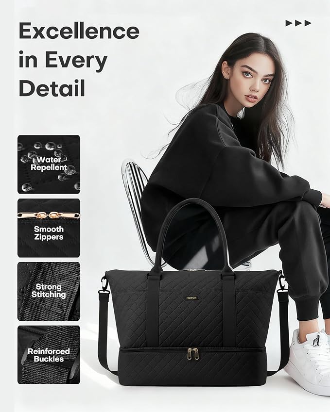HOTOR Travel Duffel Bag - Weekender Bags for Women, Carry On Gym Tote Bags | with Toiletry Bag & Shoe Compartment, Overnight Bag for Travel Essentials and Travel Accessories, Black, 15.8"×18.1"×8.7" - Image 6