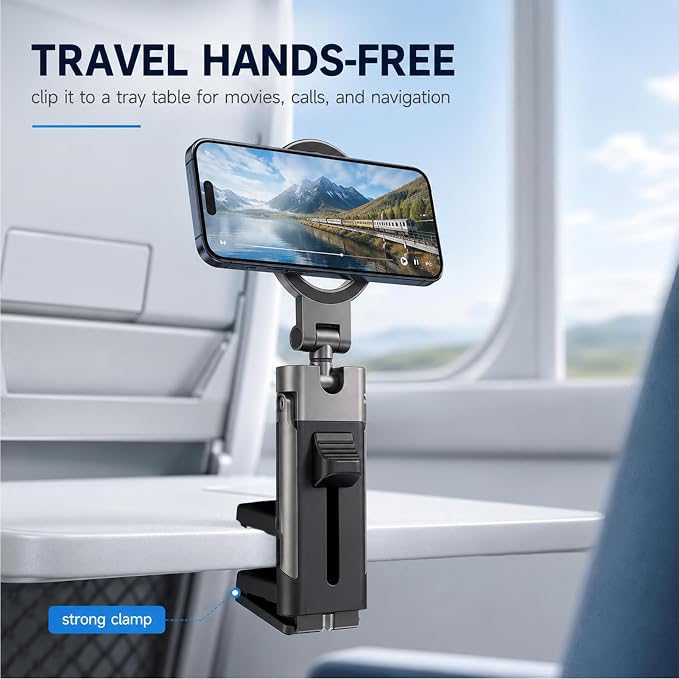Travel Phone Holder 360 Magnetic Stand | For Airplane Desk Office Gym, Foldable Metal Stand with 40 N55 Magnets, Military Grade Dual Spring Clamp for Turbulence - Image 3