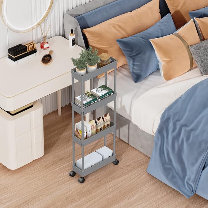 Sooyee 4 Tier Slim Storage Cart,Rolling Storage Cart,Narrow Shelf,Bathroom Rack,Mobile Shelving Unit Organizer for Kitchen, Bathroom, Laundry Room, Grey - Image 2