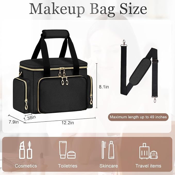 GDNasist Large Makeup Bag, Portable Travel Makeup Bag Organizer | Cosmetic Travel Bag for Women Girls with Removable Shoulder Strap & Detachable Dividers, Toiletry Bag for Makeup Black - Image 3