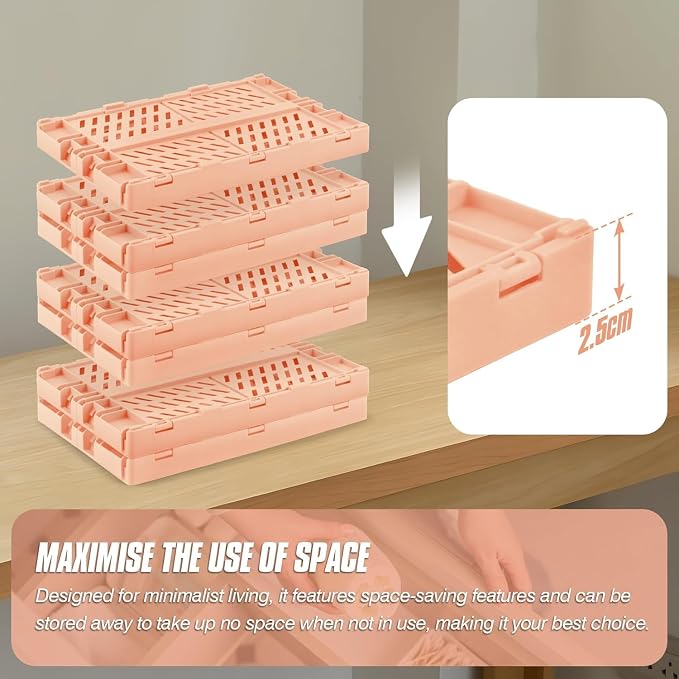 4 Pcs Collapsible Storage Crates, 10x5.9x4 inches Space-Saving Folding Containers, Stackable Plastic Boxes for Home Kitchen Office Bedroom Bathroom, Light Orange - Image 5
