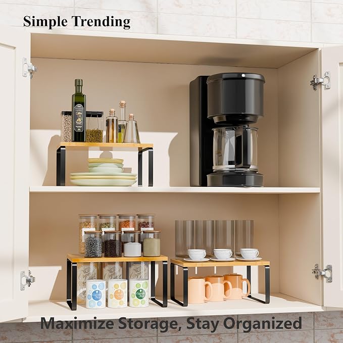 Simple Trending Bamboo Cabinet Organizer Shelf, Set of 3 Kitchen Counter Shelves, Stackable Expandable Spice Rack Kitchen Storage, Black and Natural - Image 4