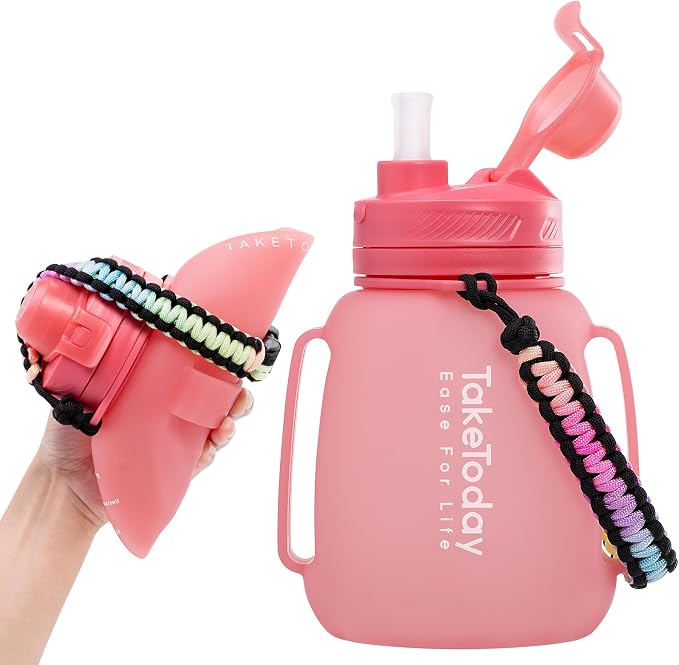 TakeToday Collapsible Water Bottles for Outdoor, 40oz, Pink | Time Marker, BPA-Free Silicone, Folds for Travel, Paracord Handle for Hiking, Gym, Camping, Leakproof by TAKETODAY
