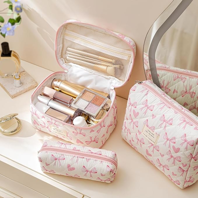 HBselect Quilted Makeup Bag, 3Pcs Cotton Large Travel Makeup Bags Organizer | Cute Floral Make up Bag Cosmetic Bag Toiletry Bag for Women Girls, Makeup Pouch for Skincare, Brushes & Travel Essentials - Image 2