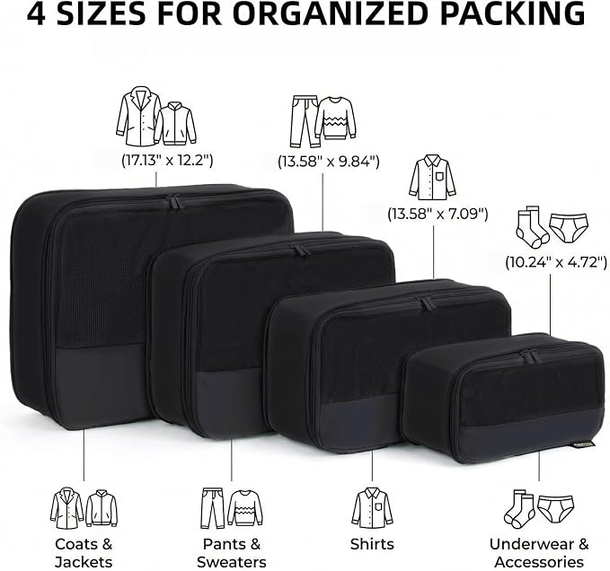 4 Piece Compression Packing Cubes for 3–7 Day Travel, Jet Black | Wrinkle-Resistant Memory Fabric, Breathable Mesh Panel, Double-Zipper, Small to Large Size Bag, Smart Organization - Image 3