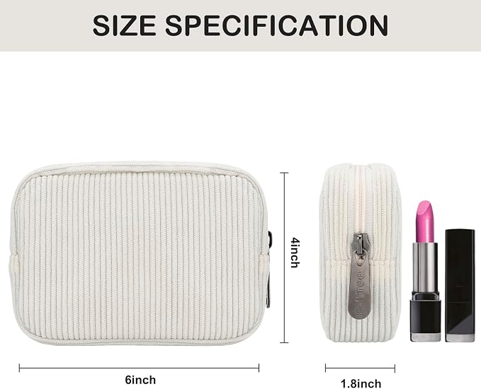E-Tree Cute Small Makeup Bag,Cosmetic Toiletry Make up Little Items Pouch for Purse,Zipper Mini Tech Charger Cable Electronic Organizer Case,Travel Accessories for Women Men Teen,White Corduroy - Image 2