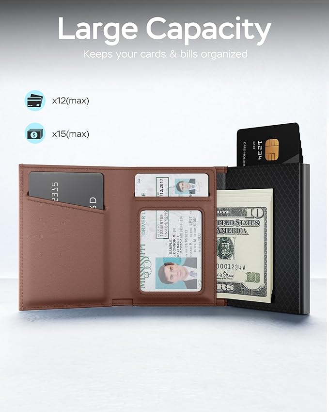 Mens Wallet Card Holder for Air Tag - RFID Blocking Wallet for Men with AirTag Holder, Smart Pop up Aluminum Case, Trifold, Slim, Minimalist, Front Pocket, Premium Leather - ID Window | Cash Slot - Image 4