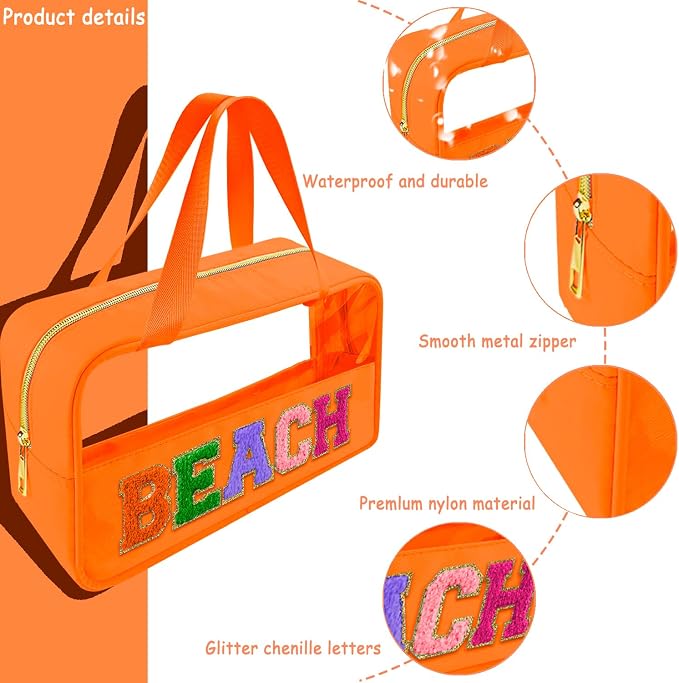 Bunliuys Chenille Letter Clear Makeup Bag Beach Patch, Travel Toiletry Makeup Bag with Handle, Nylon Waterproof Makeup Bags clear cosmetic bag, preppy patch makeup bag for Women (BEACH-Orange) - Image 3