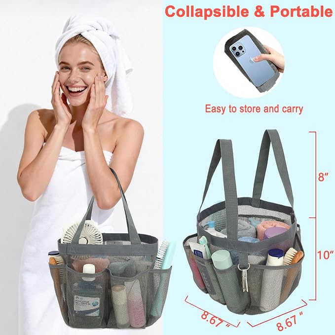 Fammart Mesh Shower Caddy Portable for College Dorm Room Essentials, Odorless Polyester Large Shower Tote Bag with Dual Handles, 8-Pocket Quick-Dry Toiletry Organizer for Travel, Beach, Camping, Gym - Image 2