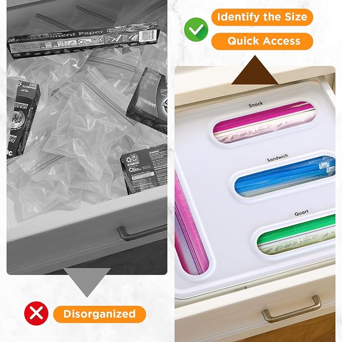OUTXE Bag Organizer for Drawer + Fridge, Magnetic Kitchen Baggie Storage | Pantry Organization for Ziplock Plastic Food Bags | Compatible with Snack Sandwich Quart Gallon (White) | Pantry Organization for Ziplock Plastic Food Bags | Compatible with Sna... - Image 7