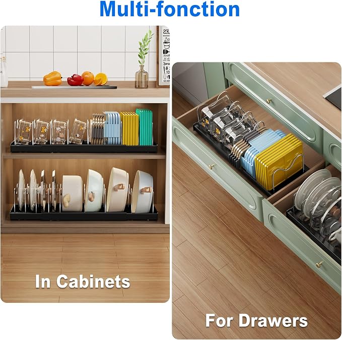 Mustorn Pots and Pans Organizer Under Cabinet, 22" Expandable Food Storage Container Lid Organizers with 9 Adjustable Dividers Pot and Pan Lid Holders Rack Inside Cabinet/Countertop(1 Pack, Black) - Image 4