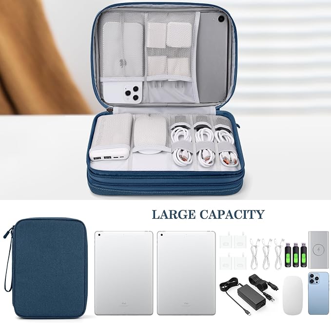 FYY Electronic Organizer, Travel Tech Pouch Bag, Extra Large, Navy | Wrist Strap, Waterproof, Double Layers Electronics Travel Case for iPad, Cord, Laptop Charger, Daily and Business Trips Use - Image 6