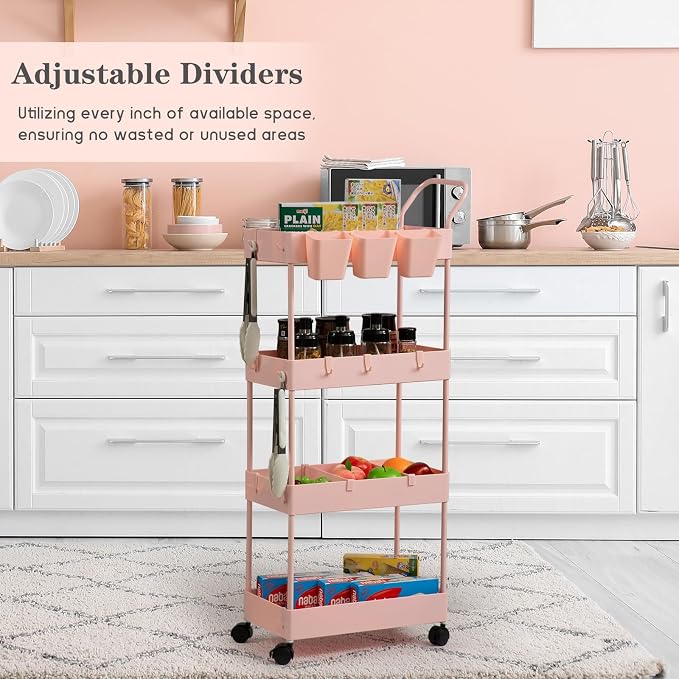 Danpinera 4-Tier Pink Slim Storage Cart, Narrow Laundry Cart with Wheels, Dividers, Hanging Cups, Hooks, Easy Assembly - Image 7