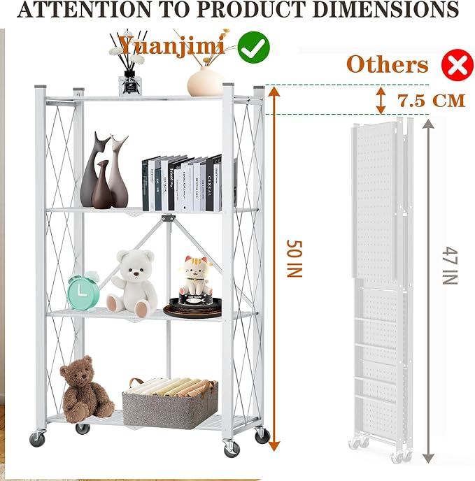 4-Tier Folding Shelf with Wheels No Assembly Portable Shelves | Folding Shelf Loads 600 LBS,Metal Steel Collapsible Shelves, Rolling Standing Utility Rack for Kitchen, Pantry, Office, White - Image 3
