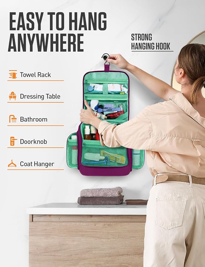 VENTURE 4TH Hanging Travel Toiletry Bag, 18 Compartments - Purple/Mint | Hangs on rails, hooks or doors; stands upright. Removable TSA pouch. Water-resistant Nylon 290D Twill, reinforced stitching. - Image 4